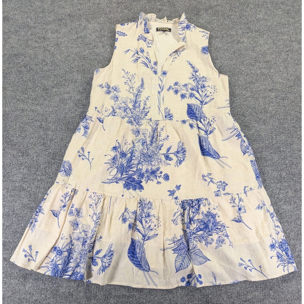 THML Blue Toile Floral Linen Blend Tiered Mini Dress Ruffle Neck WCT2708-CR S